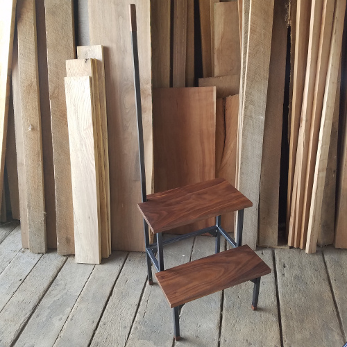 Black walnut and oil-flamed welded steel step-stool